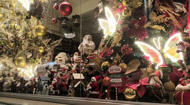 vitrine com decoração natalina, borboleta de led