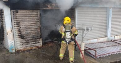 bombeiros combatendo incêndio veicular em uma garagem em Poços de Caldas