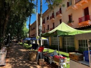 ambulantes montando barracas no entorno da Praça Pedro Sanches em Poços de Caldas-MG