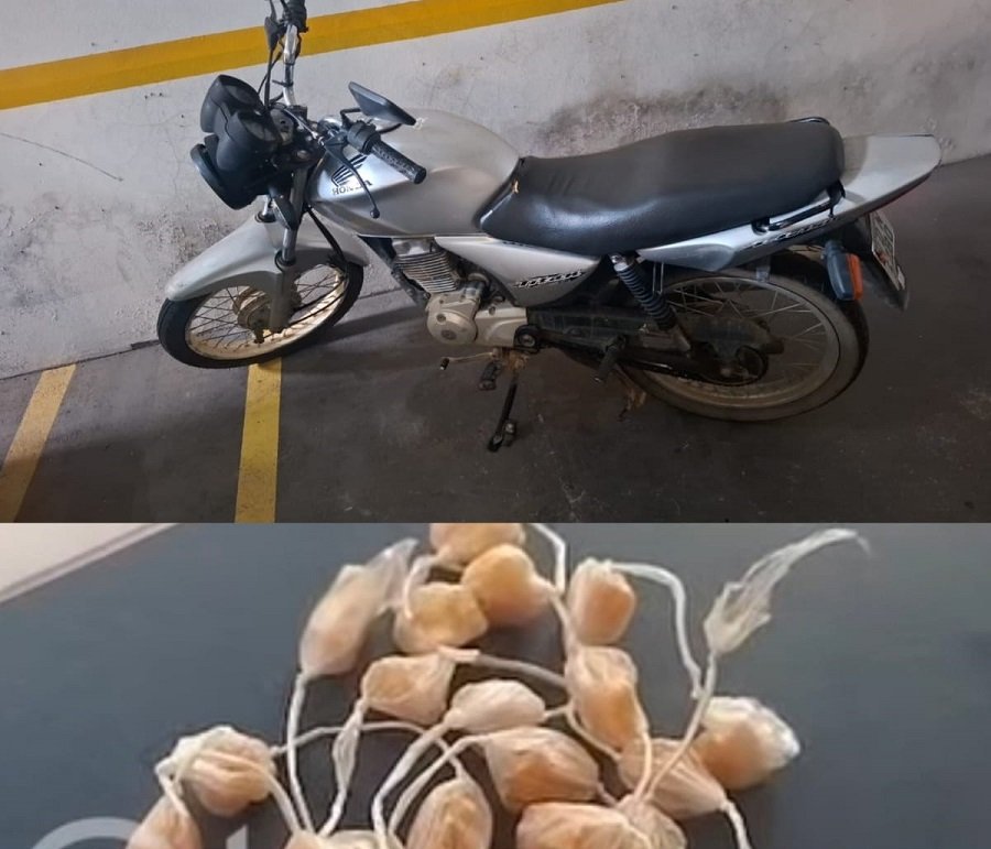 moto furtada de garagem e drogas apreendidas