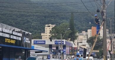 equipes do DME fazendo limpeza de fiação de telecomunicação dos postes de iluminação pública em Poços de Caldas.