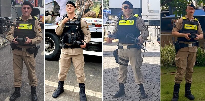 policiais militares pilotando drones durante o carnaval na capital mineira