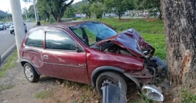 carro que bateu em arvore na Avenida Mansur Frayha em Poços de Caldas