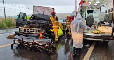 equipes do Corpo de Bombeiros e Samu socorrendo vítima de acidente na rodovia mgc 491 em Alfenas