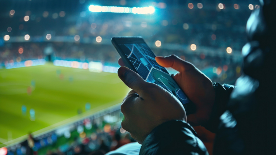 pessoa segurando celular com bet na tela em estádio de futebol