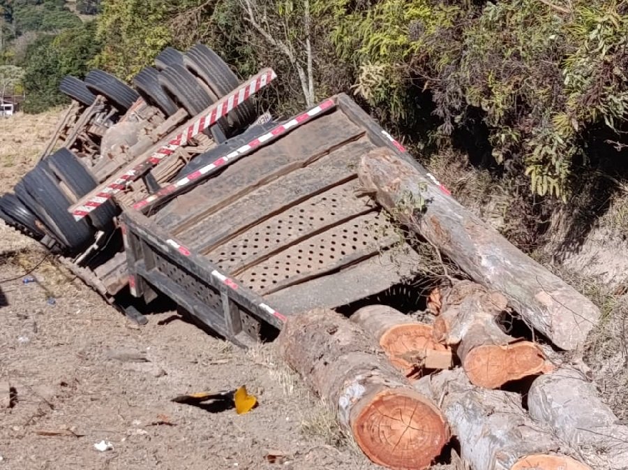 carreta com toras de madeira tombada na BR 459