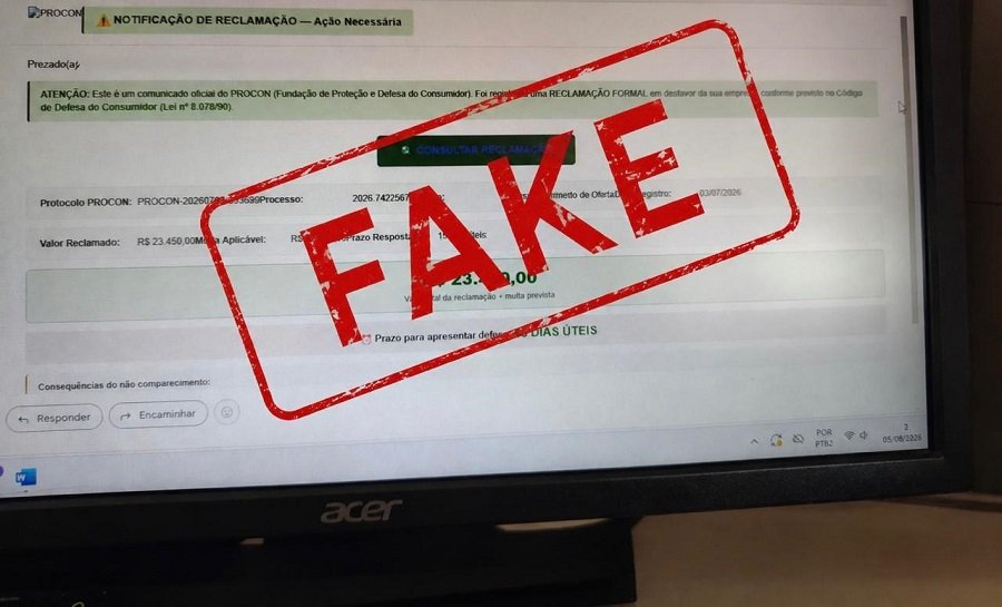 tela de computador com notificação falsa em nome do procon municipal