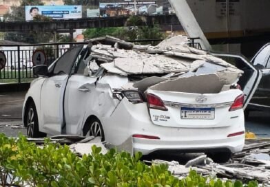 Estrutura cede e atinge carro em estacionamento de shopping em Poços de Caldas carro atingido por estrutura no shopping de poços de caldas