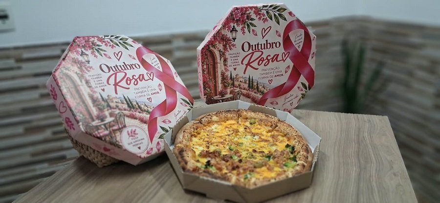 pizza e embalagem temática outubro rosa